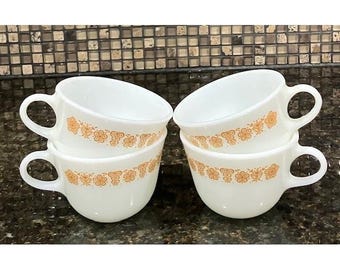 VTG  4 Pyrex Corning Ware Tea Coffee Cup Butterfly Gold C Handle Milk Glass