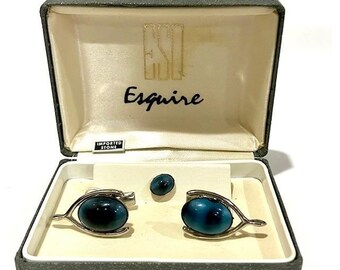Vintage Esquire Men's Cufflinks & Tie Tack with Blue Cabochon Stone