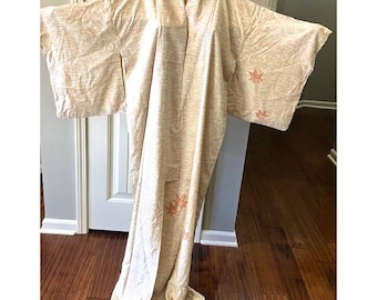 Vintage Japanese Komon Kimono Beige Pink Green Tones Maple Leaf Design "AS IS"