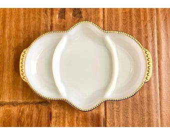 Vintage Fire King Milk Glass Divided Relish Candy Dish Gold Trim Oven Ware Serve