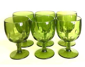 VTG Bartlett Collins Green Glass Stemmed Goblets Set Of 6  W Thumbprint Pattern