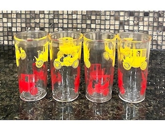 Vintage Antique Automobile Car Jelly Peanut Butter Glasses Set of 4