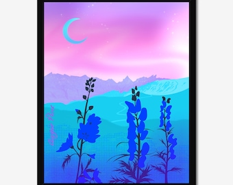 Minimalistic mountain landscape with blue flowers. Swiss Alps.