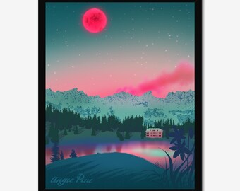 Dreamy mountain landscape with red moon and pink clouds. Swiss Alps.