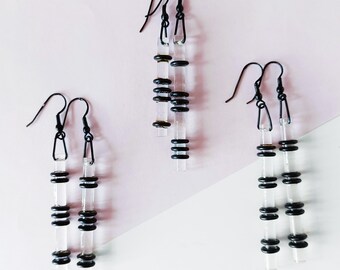 Transparent Bar Drop Earrings with Black Rings