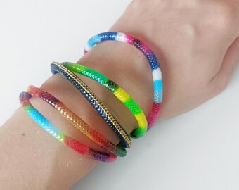 Brightly colored stackable bracelets with magnetic clasp
