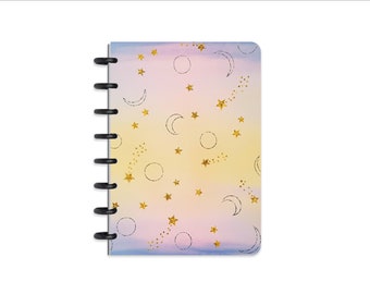 A5 'Dusky Skies' disc-bound notebook, aluminium or plastic discs, plain or dot grid paper, compatible with Staples Arc, Atoma, Circa