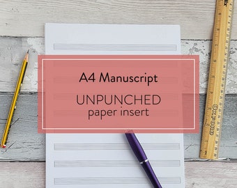 A4 Manuscript UNPUNCHED paper insert, Punch your own, Refillable Songwriters notebook, Ideal gift for musicians and composers