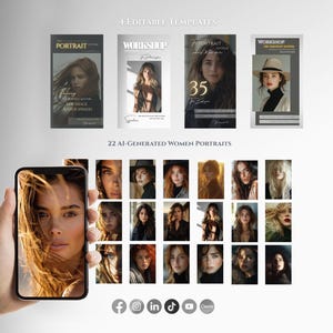 May include: A collage of 22 AI-generated portraits of women. The portraits are displayed in a grid format. The portraits are all in color and feature a variety of different women with different hairstyles, clothing, and expressions. The text "22 AI-GENERATED WOMEN PORTRAITS" is displayed above the grid of portraits.