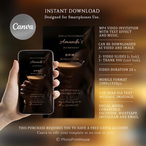 May include: A smartphone displays a digital invitation for Amanda's 21st birthday, featuring a martini graphic. The invitation is designed for smartphones and includes event details. The background is dark with gold accents.