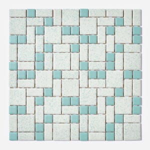 May include: A square mosaic tile sheet featuring a repeating geometric pattern of white speckled square and rectangular tiles interspersed with solid light turquoise square tiles, arranged in a grid layout with visible grout lines between each piece.