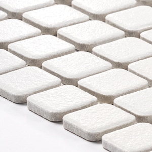 May include: White square ceramic tiles with a textured surface. The tiles are arranged in a staggered pattern.
