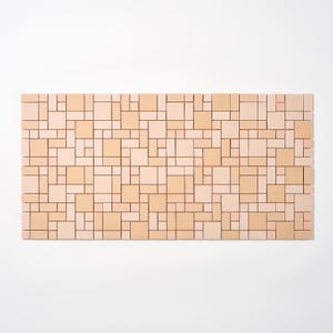 May include: A rectangular wall art piece with a geometric pattern. The design features a mosaic of various sized squares and rectangles in shades of beige and light peach, creating a textured appearance. The artwork is set against a white background.