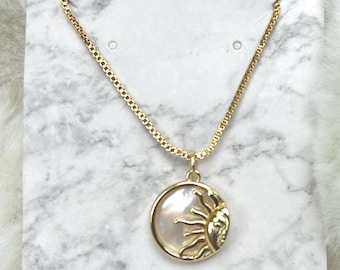Gold Sun Mother of Pearl Pendant Necklace, Celestial Chain Jewelry
