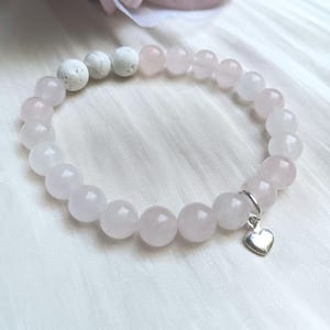 Rose Quartz Beaded Bracelet, Sterling Silver Heart Charm, Essential Oil Diffuser