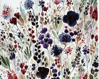 Stampa acquerello di fiori selvatici, arte murale floreale, prato al crepuscolo
