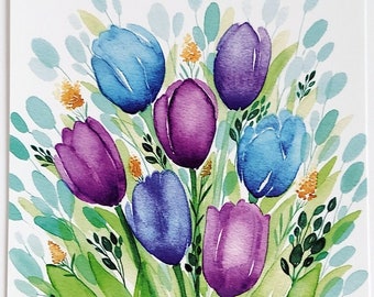 Impression de tulipes, impression de fleurs à l'aquarelle, impression d'aquarelle, peinture à l'aquarelle, impressions florales, peinture de fleurs, impression de tulipes, peinture de tulipes