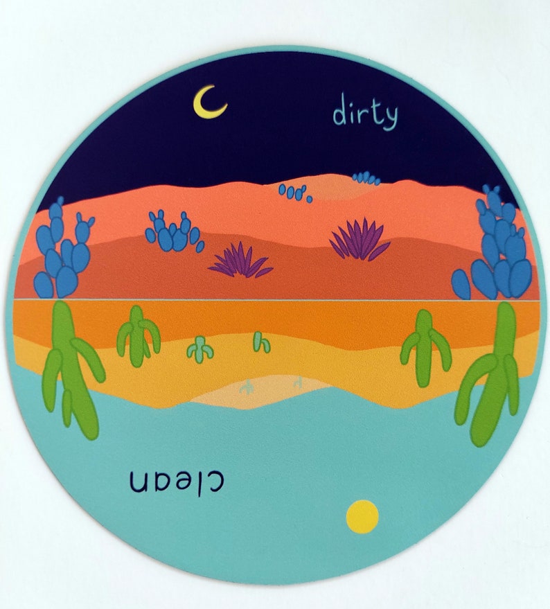 Pu&ograve; includere: Un adesivo circolare con una scena di deserto divisa in due met&agrave;. La met&agrave; superiore &egrave; una scena notturna con una luna crescente, un cielo blu scuro e un paesaggio arancione sabbioso con cactus e fiori viola. La met&agrave; inferiore &egrave; una scena diurna con un sole giallo, un cielo blu e un paesaggio arancione sabbioso con cactus. Le parole "sporco" e "pulito" sono scritte sull'adesivo.