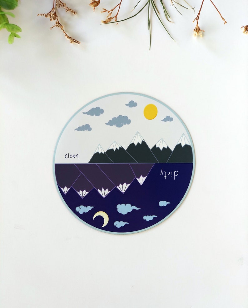 Pu&ograve; includere: Un adesivo rotondo con un design diviso. La met&agrave; superiore presenta un cielo blu con nuvole bianche e un sole giallo. La met&agrave; inferiore presenta un cielo blu scuro con nuvole bianche e una luna crescente. Il centro dell'adesivo presenta una catena montuosa con cime innevate. Il testo "clean" appare sul lato sinistro dell'adesivo e "dirty" appare sul lato destro.