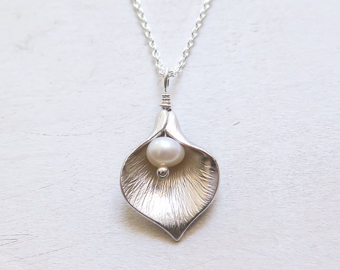 Calla Lily Necklace with Freshwater Pearl, Sterling Silver Chain