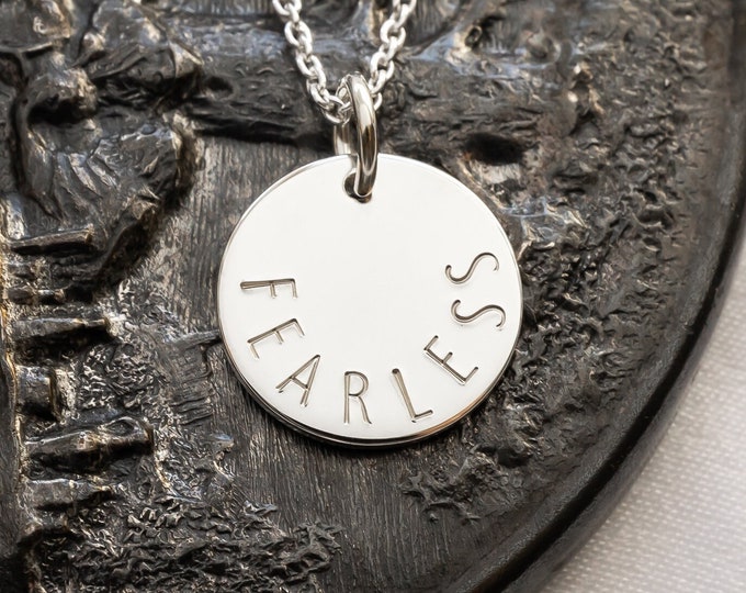 Hand Stamped Sterling Silver Fearless Necklace, Dainty Affirmation Jewelry