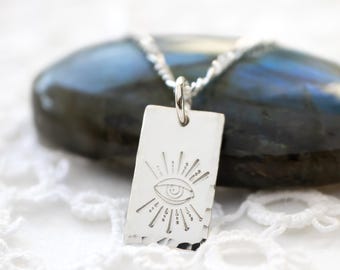 Evil Eye Necklace, Sterling Silver, Hand Stamped All Seeing Eye