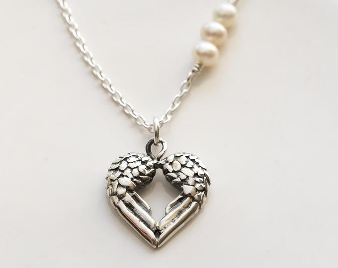 Remembrance Necklace, Angel Wings Heart with Pearls, Sterling Silver