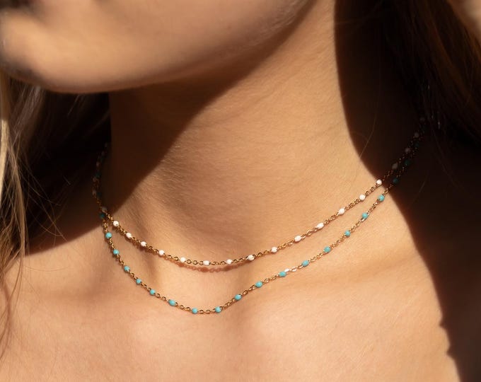 White or Turquoise Enamel Bead Choker Necklace, Gold Filled