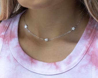 Dainty Star Station Necklace, Sterling Silver or Gold Filled Paperclip Chain, Mother of Pearl Choker