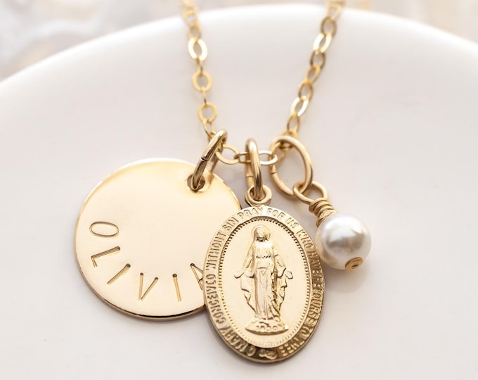 Gold Filled Miraculous Medal Necklace, Personalized with Name, First Communion Gift For Girl