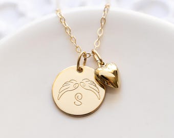 Personalized Miscarriage Necklace,  Gold Filled, Hand Stamped Initial and Angel Wings