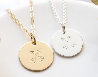 Hand Stamped Crossed Arrows Necklace, Sterling Silver or Gold Filled, Friendship Jewelry