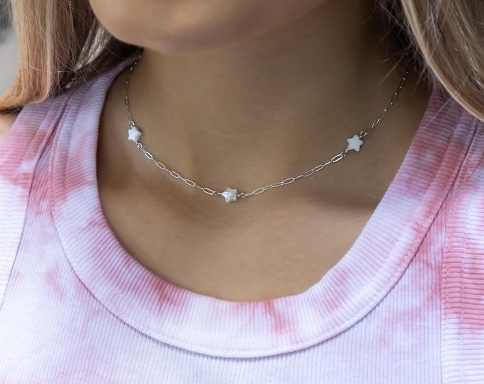 Dainty Star Necklace, Mother of Pearl Choker, Sterling Silver or Gold Filled