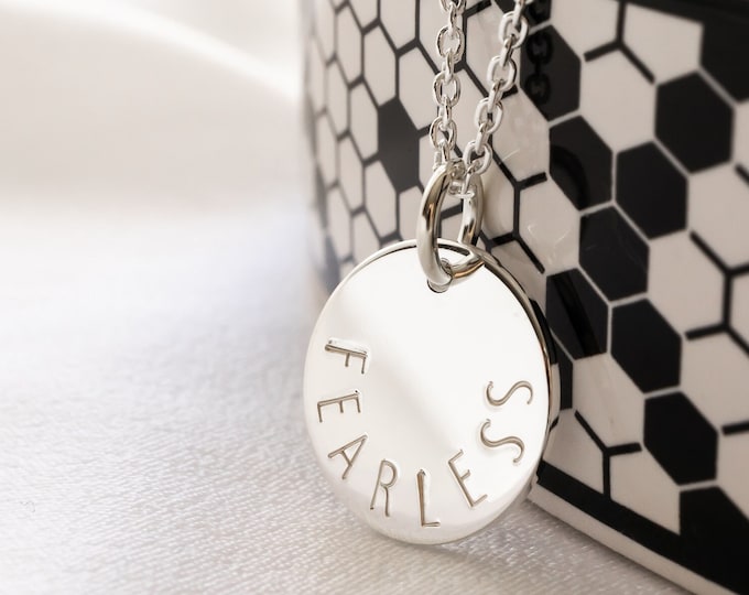 Hand Stamped Fearless Necklace, Sterling Silver or Gold Filled, Dainty Affirmation Jewelry