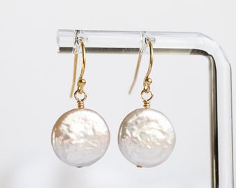 Coin Pearl Dangle Earrings in Gold Filled