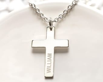 Large Cross Necklace Personalized with Name for Boys and Men for Everyday, Sterling Silver