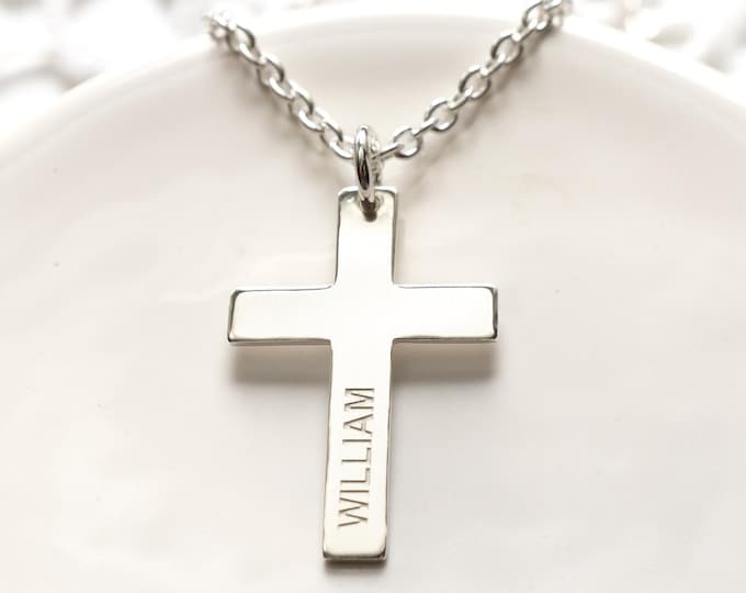Large Cross Necklace Personalized with Name for Boys and Men for Everyday, Sterling Silver