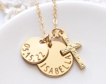 Personalized Cross Necklace, Gold Filled, Hand Stamped Name & Date Charms