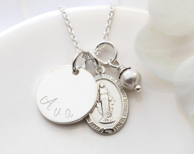 Sterling Silver Miraculous Medal Necklace Personalized with Name