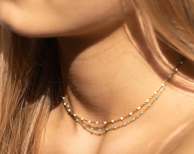 Gold Filled Enamel Bead Choker Necklace, White or Turquoise