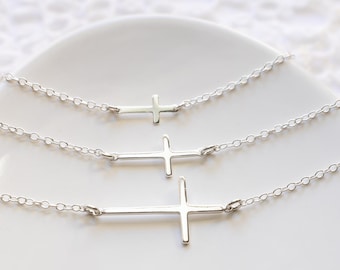Sterling Silver Sideways Cross Necklace, Mini, Small or Large