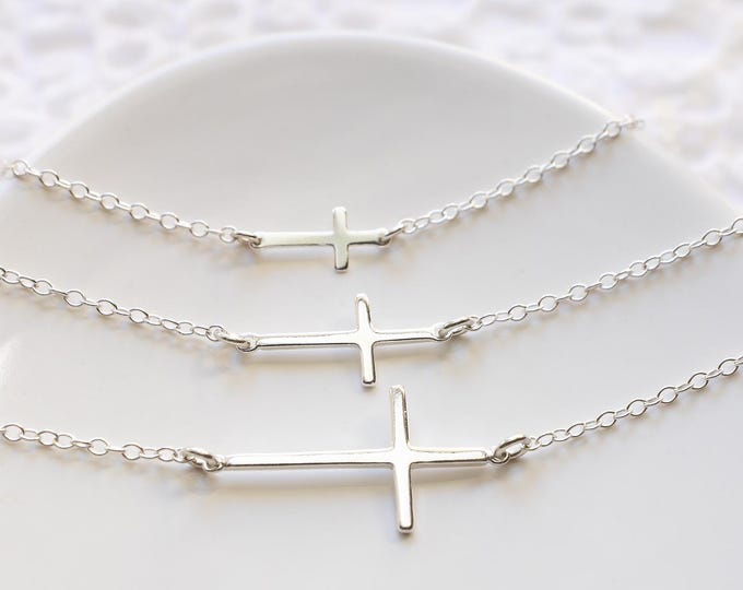 Sterling Silver Sideways Cross Necklace, Mini, Small or Large