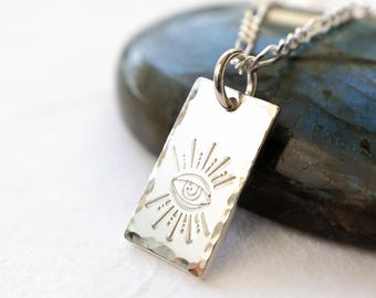 Evil Eye Necklace in Sterling Silver, Hand Stamped All Seeing Eye