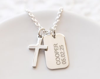 Cross Necklace Personalized with Name and Date for Boys, Sterling Silver