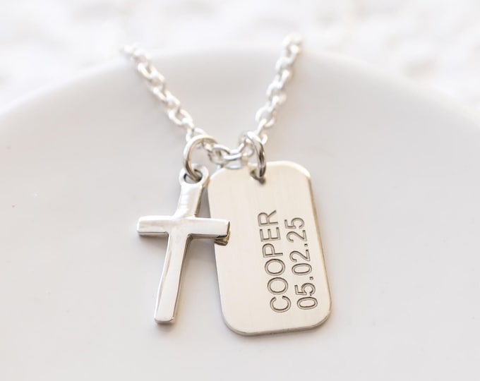 Cross Necklace Personalized with Name and Date for Boys, Sterling Silver