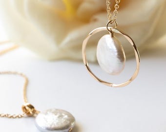 Freshwater Coin Pearl Necklace, Gold Filled, Medium Weight