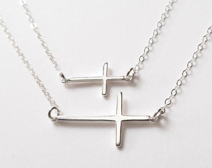 Mother Daughter Necklace Set, Large and Small Sideways Cross Necklaces, Set of 2, Sterling Silver