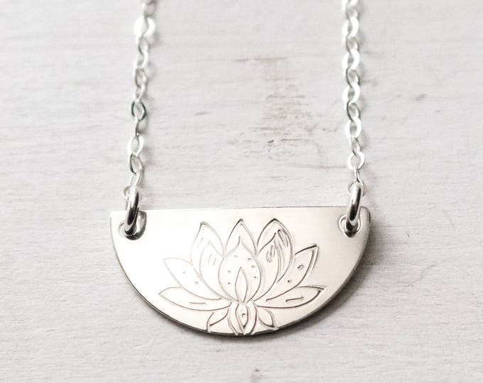 Half Moon Necklace, Half Circle Necklace, Silver Lotus Necklace, Modern Boho, Layering Necklace, Lotus Flower, Gift for Her, Sterling Silver