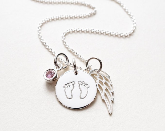 Personalized Miscarriage Necklace, Baby Footprints and Angel Wing, Sterling Silver, Pregnancy Loss Jewelry, Baby Memorial Gift