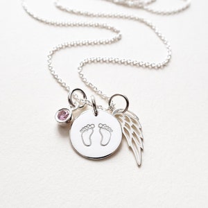 Personalized Miscarriage Necklace, Baby Footprints and Angel Wing, Sterling Silver, Pregnancy Loss Jewelry, Baby Memorial Gift